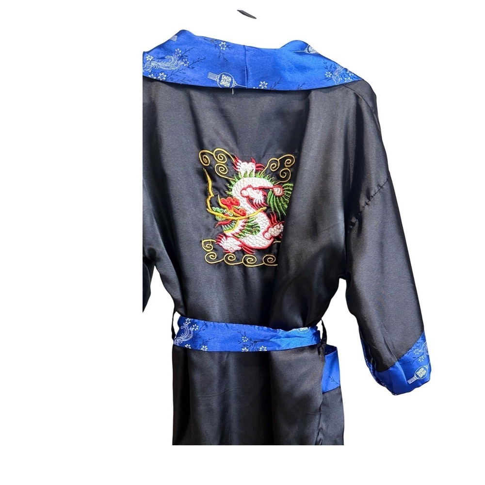 Rose Just For You Reversible Kimono Robe Blue Black Dragon Embroidered Satin M